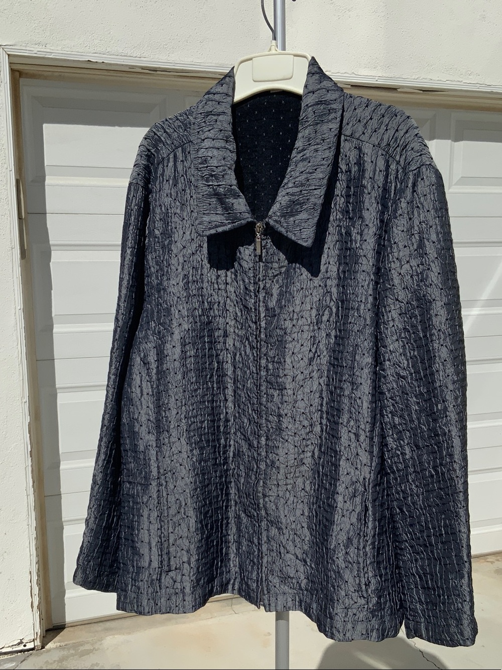 Women's Black Textured Zip-Front Trench Coat